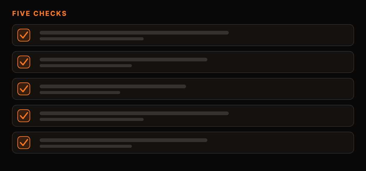 An abstract checklist graphic of five orange check marks beside blank lines on a dark background