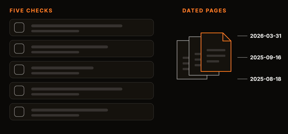 An abstract checklist graphic with five empty boxes beside a stack of dated document pages
