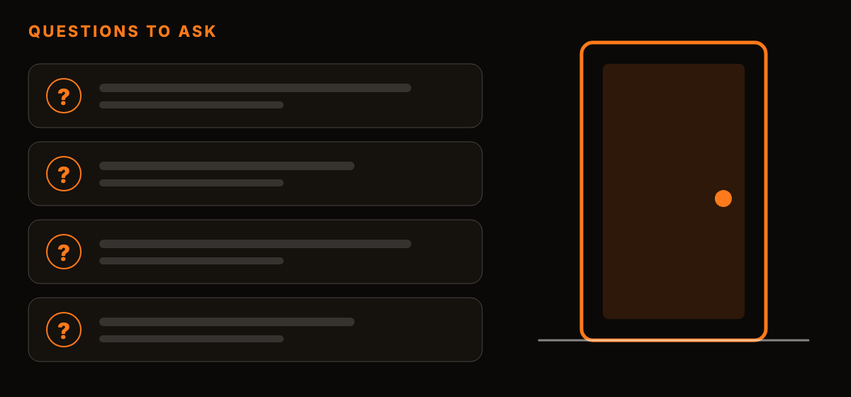 An abstract graphic of a short list of questions beside a plain door outline