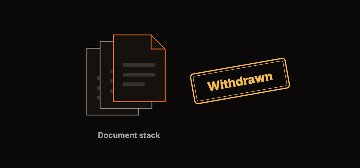 An abstract diagram of a document stack with a stamp reading withdrawn drawn as plain shapes